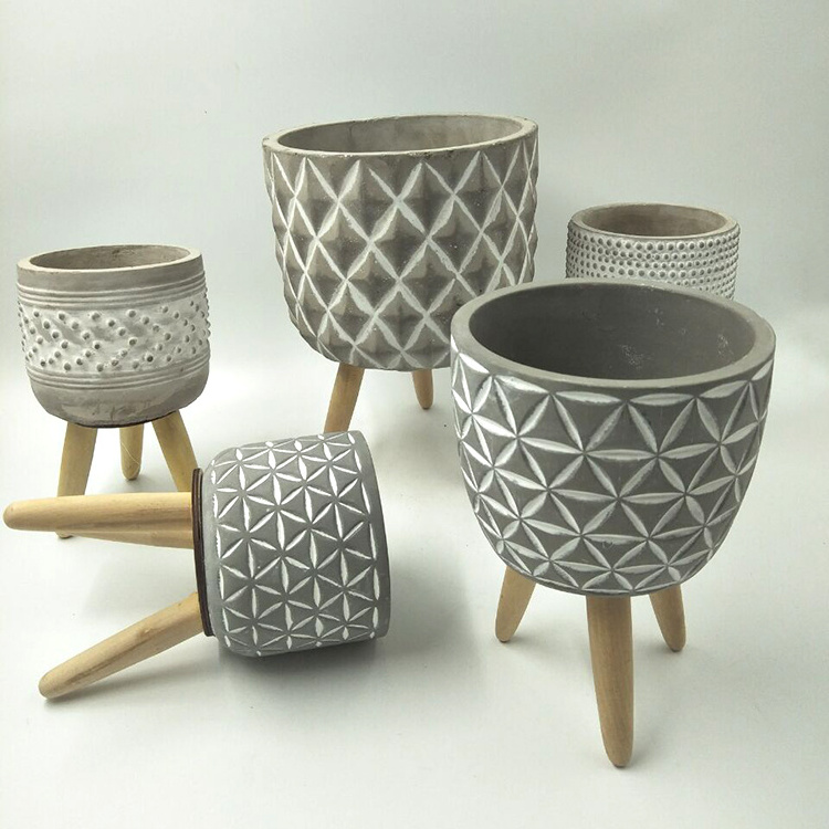 Unique Design glass fiber cement flower pot making with wooden stand