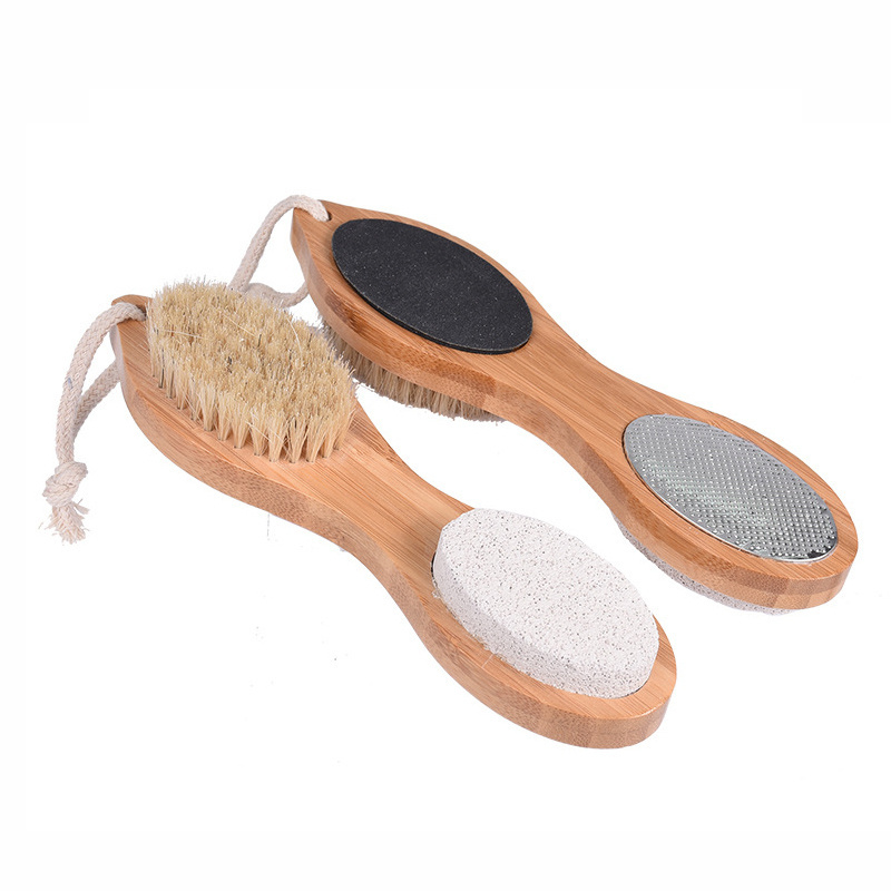 Wholesale bamboo feet dead skin stone 4 in 1 foot brush private logo multi-function foot rasp foot file feet scrubber