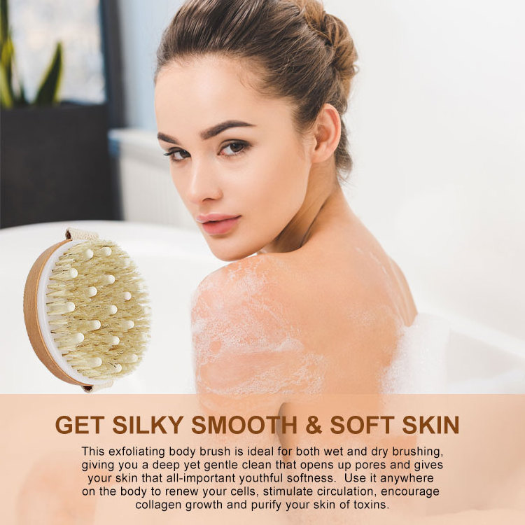 Custom print LOGO  Skin anti Cellulite Natural Bristle  Exfoliating bath brush with Massage Dry Body bath Brush