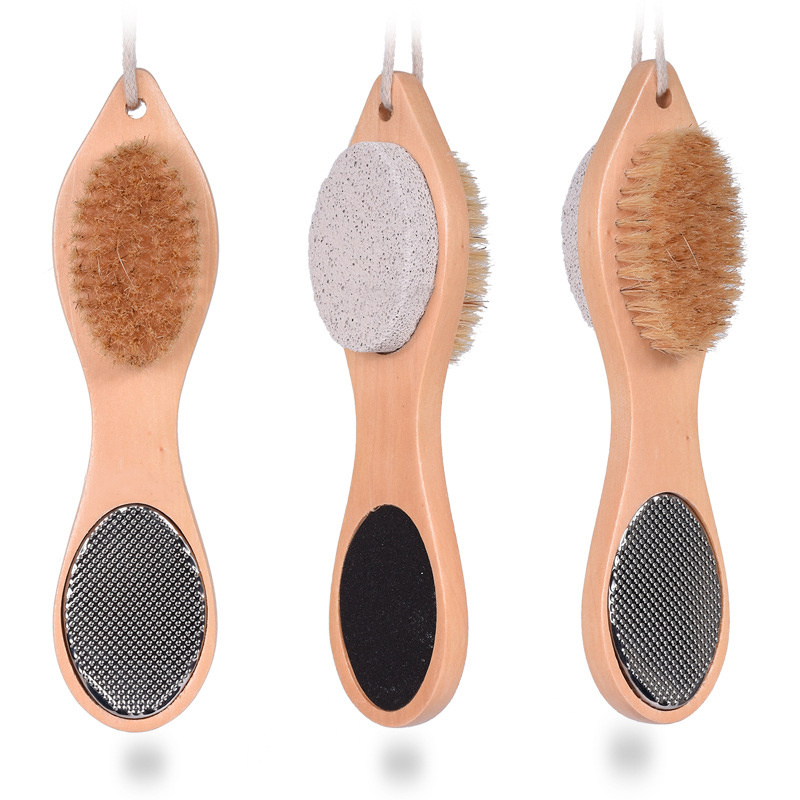 Hot selling bamboo feet brush feet dead skin stone 4 in 1 foot brush custom logo Multi function Foot rasp Foot File feet scrubb