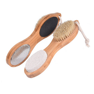 Wholesale bamboo feet dead skin stone 4 in 1 foot brush private logo multi-function foot rasp foot file feet scrubber