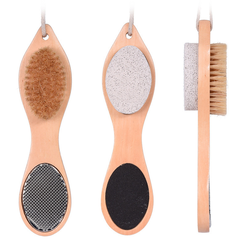 Hot selling bamboo feet brush feet dead skin stone 4 in 1 foot brush custom logo Multi function Foot rasp Foot File feet scrubb