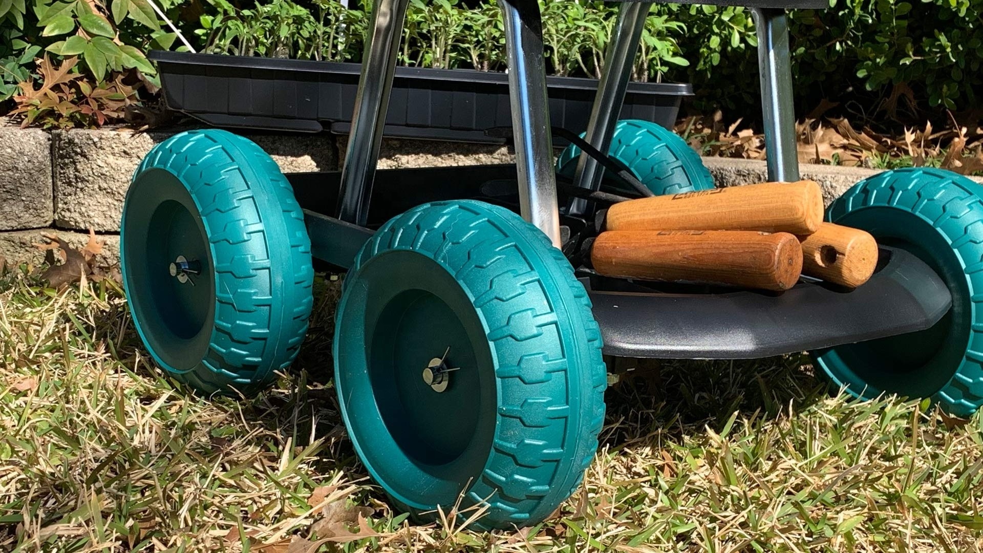 Rolling Gardening Chair Cart with Wheels Full Range Swivel Seat with Adjustable Height Utility Tool Tray