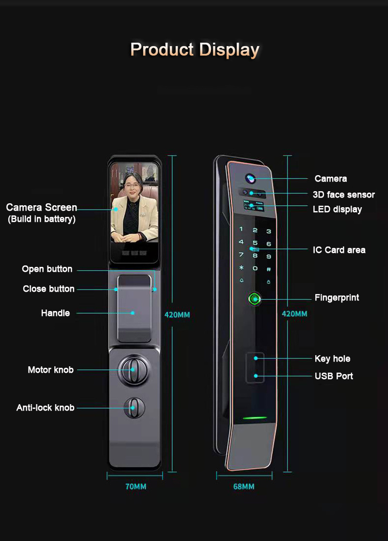 S909MAX USmart GO APP 3D Face ID Biometric Fingerprint Code Key Card Smart Door Lock with Video Calling