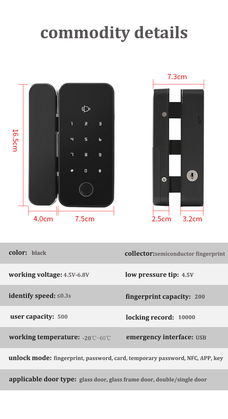 Qleung G8S Bluetooth App Remote Control  Cerradura inteligente Password Card Biometric Fingerprint Smart Glass Door Lock