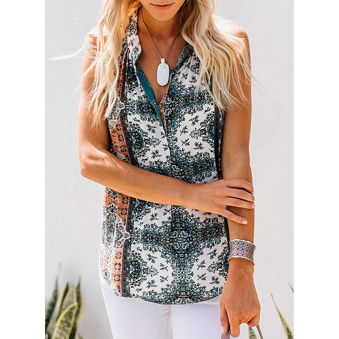 Custom Women's chiffon shirts loose V-neck sleeveless floral printed plus size women's blouses