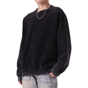 OEM Custom Heavy Weight 100% Cotton Sun Faded Raglan Sleeve Sweatshirts Custom Oversized Vintage Men Crewneck Acid Wash Sweater