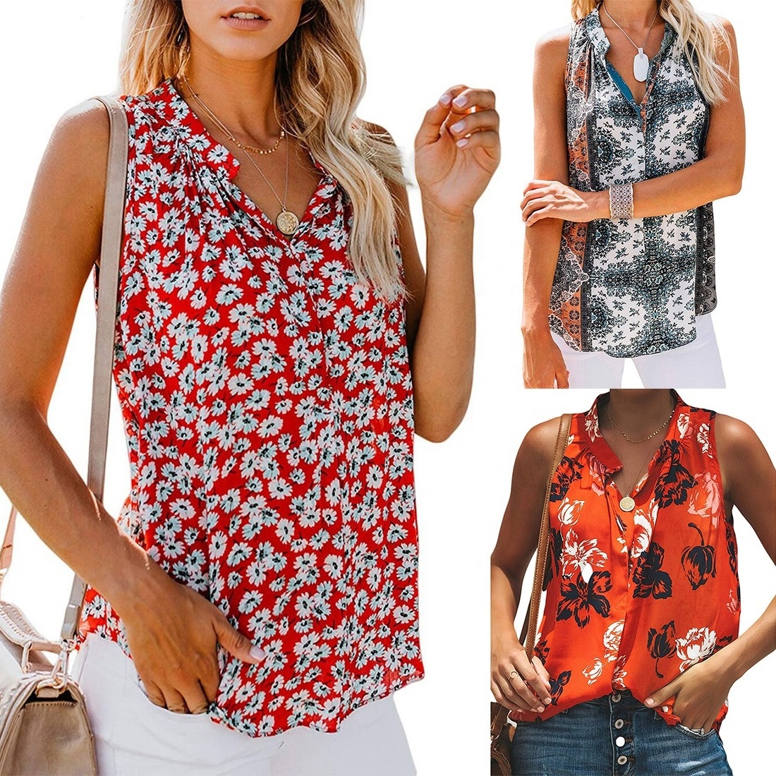 Custom Women's chiffon shirts loose V-neck sleeveless floral printed plus size women's blouses