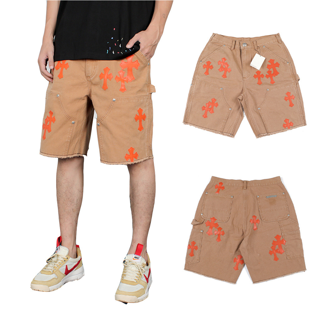 Custom Denim Shorts With Leather Cross Patchwork Silver Buttons Cargo Pants Casual Pants Summer Short Denim Pants for Men