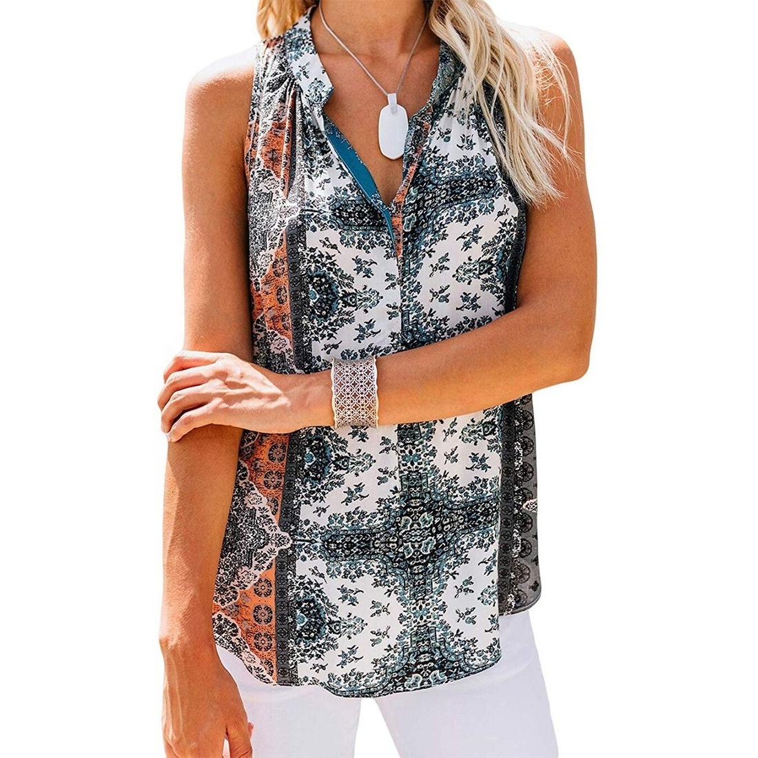 Custom Women's chiffon shirts loose V-neck sleeveless floral printed plus size women's blouses