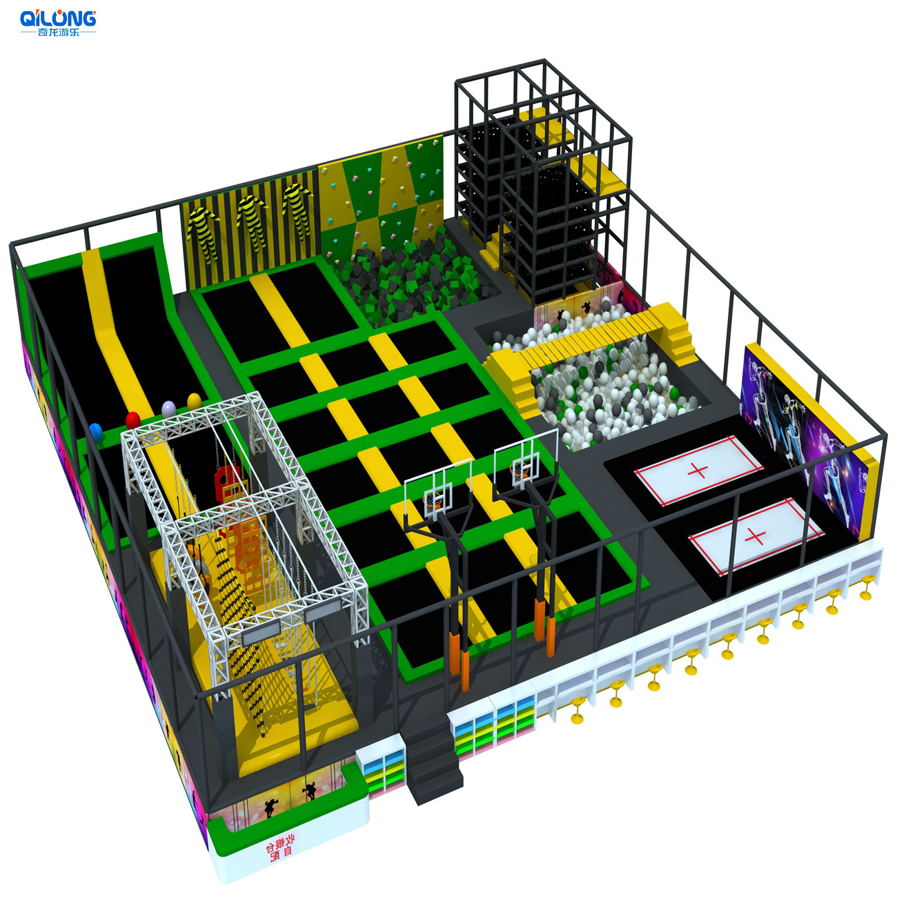 Factory supply commercial amusement indoor trampoline park with ninja course and swing bridge