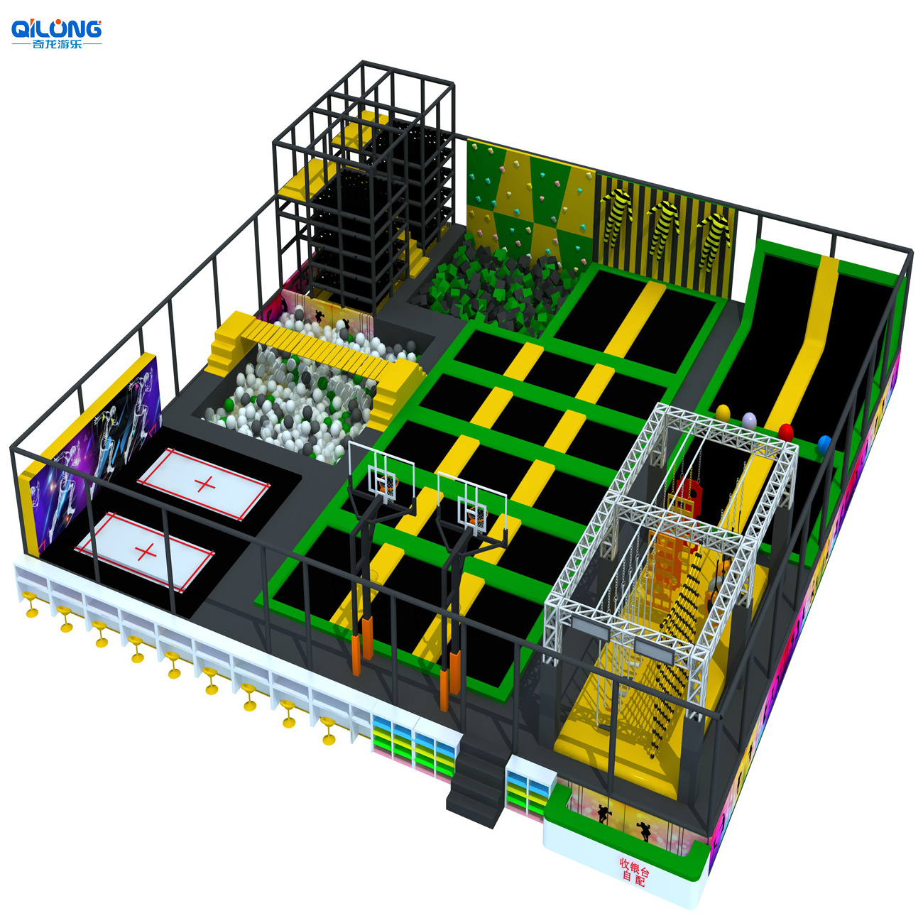 Factory supply commercial amusement indoor trampoline park with ninja course and swing bridge