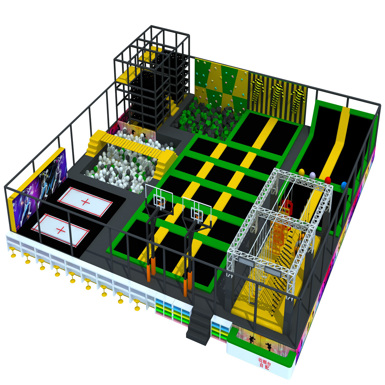 Factory supply commercial amusement indoor trampoline park with ninja course and swing bridge