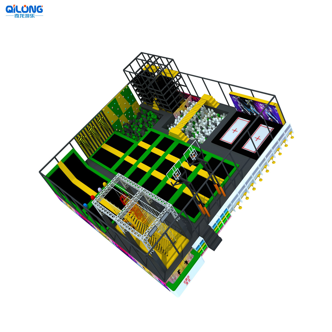 Factory supply commercial amusement indoor trampoline park with ninja course and swing bridge