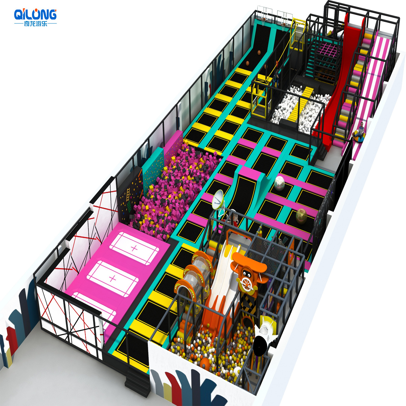 Commercial Adults and children indoor trampoline park equipment with designer slides and ball pool playground