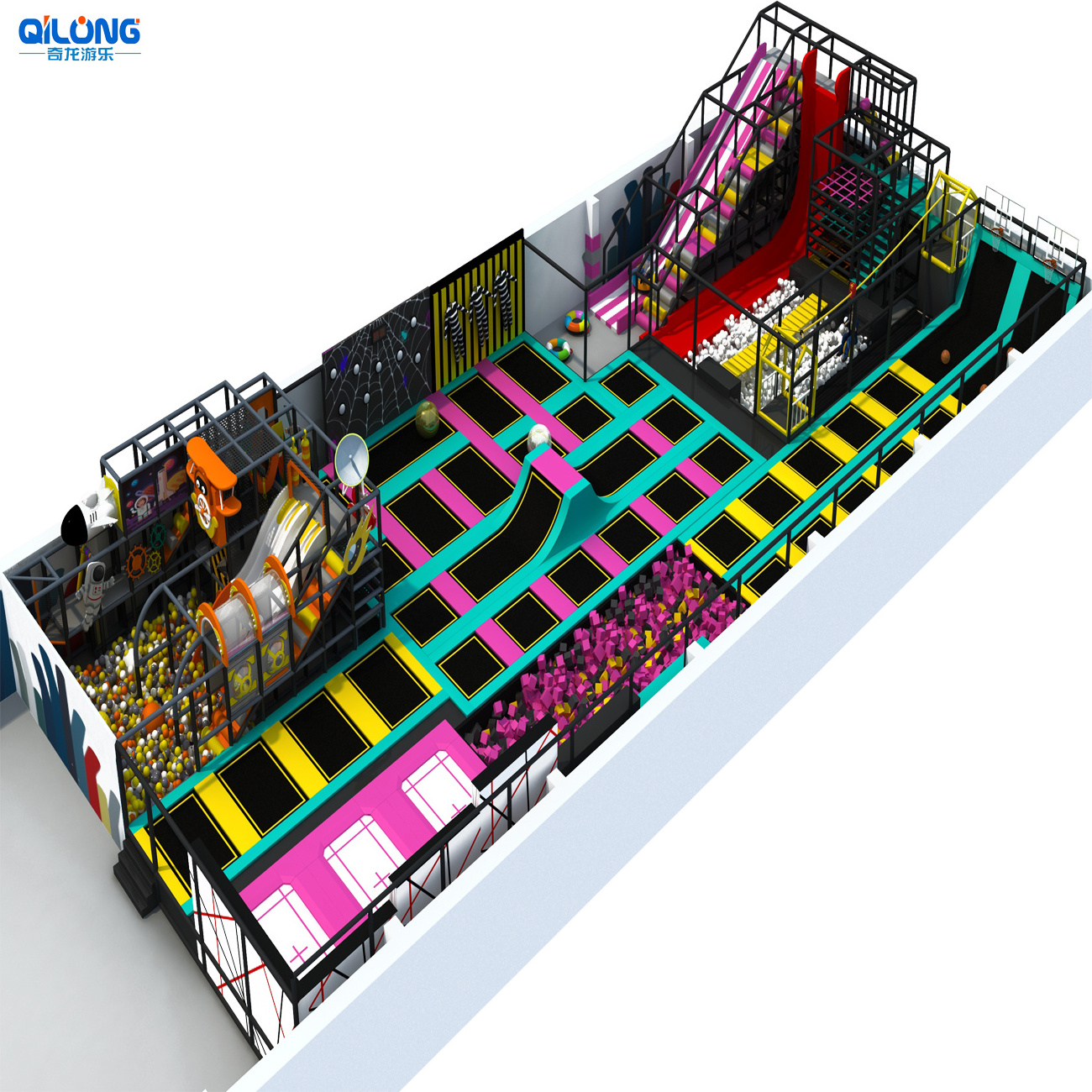 Commercial Adults and children indoor trampoline park equipment with designer slides and ball pool playground