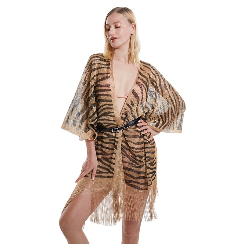 Hot selling synthetic silk golden glitter long shawl leopard print stripe scarf tassel party scarf for women Beachwear Cover Up