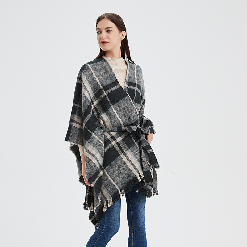 LittleMax Ponchos for Women Shawl Wrap Fall Clothes Open Front Boho Buffalo Cardigan Oversized Plaid Cap Sweater Tassel