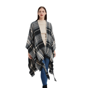 LittleMax Ponchos for Women Shawl Wrap Fall Clothes Open Front Boho Buffalo Cardigan Oversized Plaid Cap Sweater Tassel