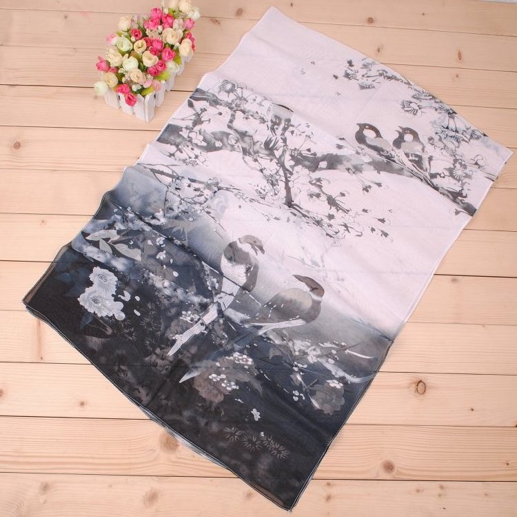 New bird flowers chiffon scarf wholesale  fashion women long cheap Printed  scarves super September women scarf