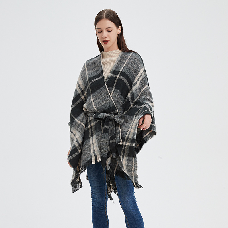 LittleMax Ponchos for Women Shawl Wrap Fall Clothes Open Front Boho Buffalo Cardigan Oversized Plaid Cap Sweater Tassel