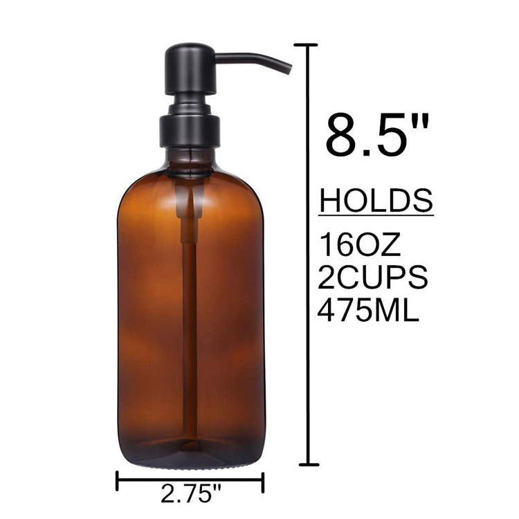 16ounce Boston Round Thick Amber Glass Pint Bottle Soap Dispenser with Matte Black Stainless Steel Pump