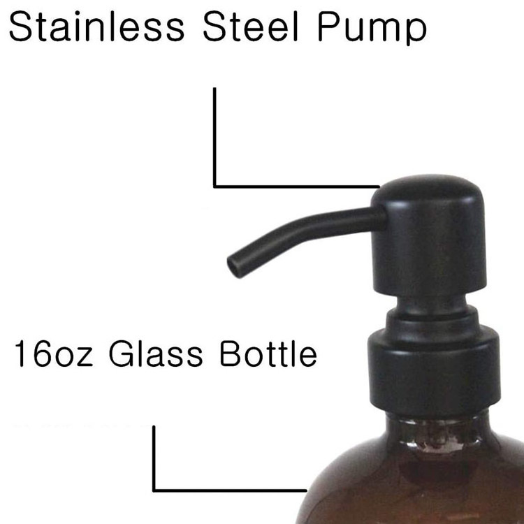 16ounce Boston Round Thick Amber Glass Pint Bottle Soap Dispenser with Matte Black Stainless Steel Pump