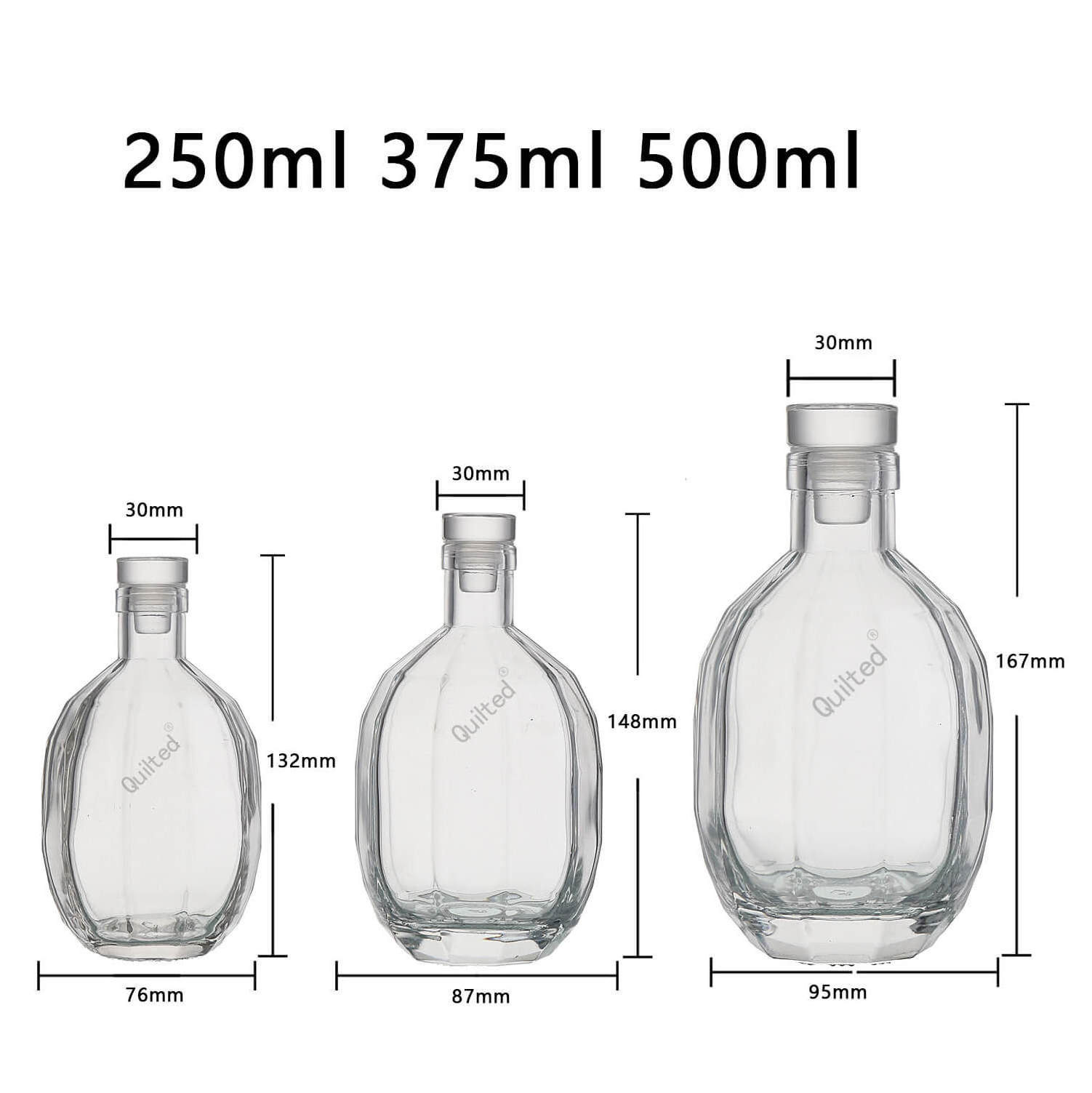 Grenade shaped 250ml 375ml 500ml clear round empty flint glass liquor wine Whisky Vodka tequila bottle with sealed cork lid