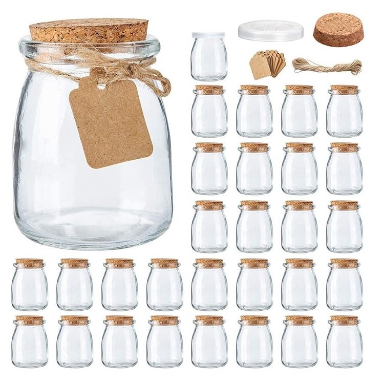 Mini Yogurt Jars 7 oz Glass Favor Jars with Cork Lids, Pudding Containers with Lids Honey Pot with Label Tags and String