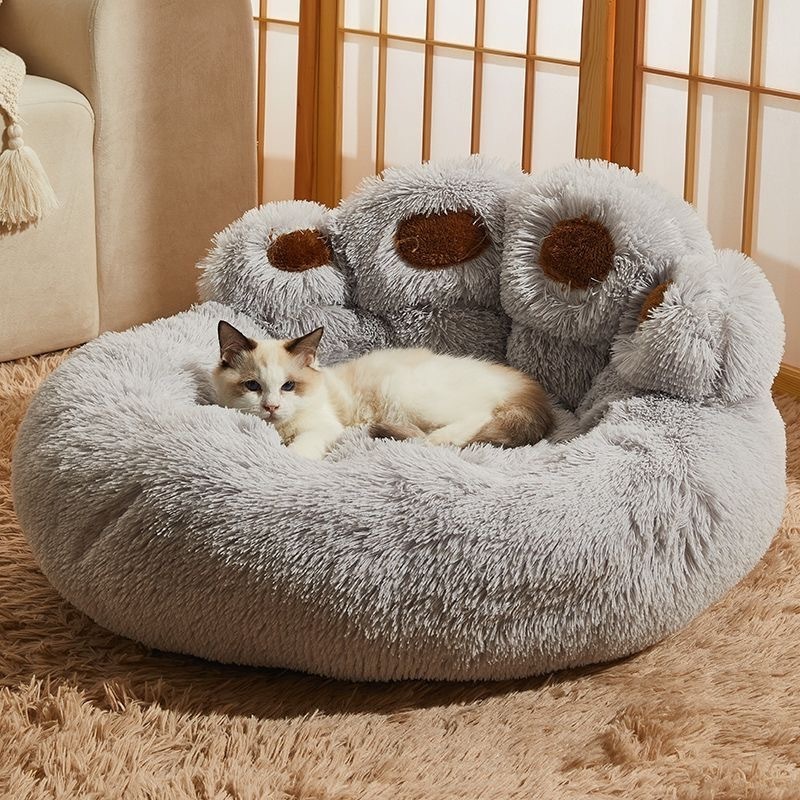 TTT Cute Fluffy Removable Cat Bear Paw Pet Plush Sofa Sleeping Mat Round Dog Bed