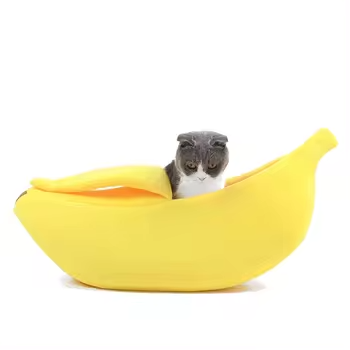 TTT Luxury Cartoon Bean Bag Kitty Cat Nest Banana Boat Plush Cave Cat Dog Bed