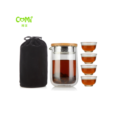 Chinese Kung Fu Travel Tea Set A pot With four Cups Hot Sells Customized Double high borosilicate glass Tea Cups  Portable Tea