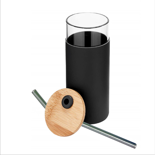 Glass Tumbler with silicone sleeve glass straw mug with bamboo lid glass pipe milk cup