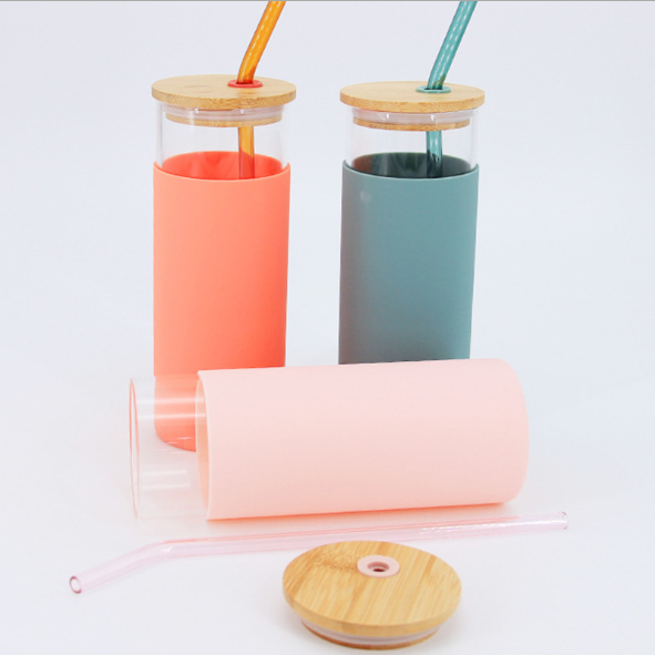 Glass Tumbler with silicone sleeve glass straw mug with bamboo lid glass pipe milk cup