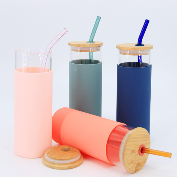 Glass Tumbler with silicone sleeve glass straw mug with bamboo lid glass pipe milk cup