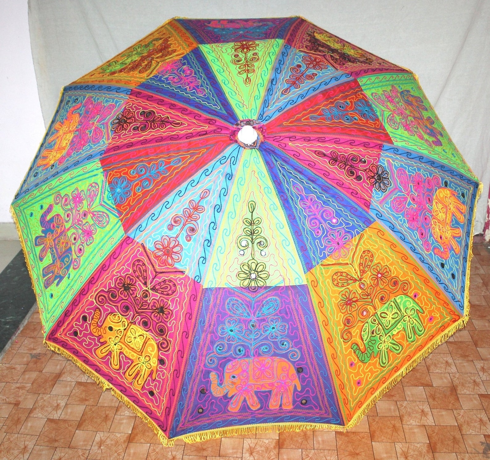 Indian Handmade Elephant Embroidered Cotton Multipurpose Parasol Decor Sun Shade Garden Umbrella Indian Patio Outdoor Beach