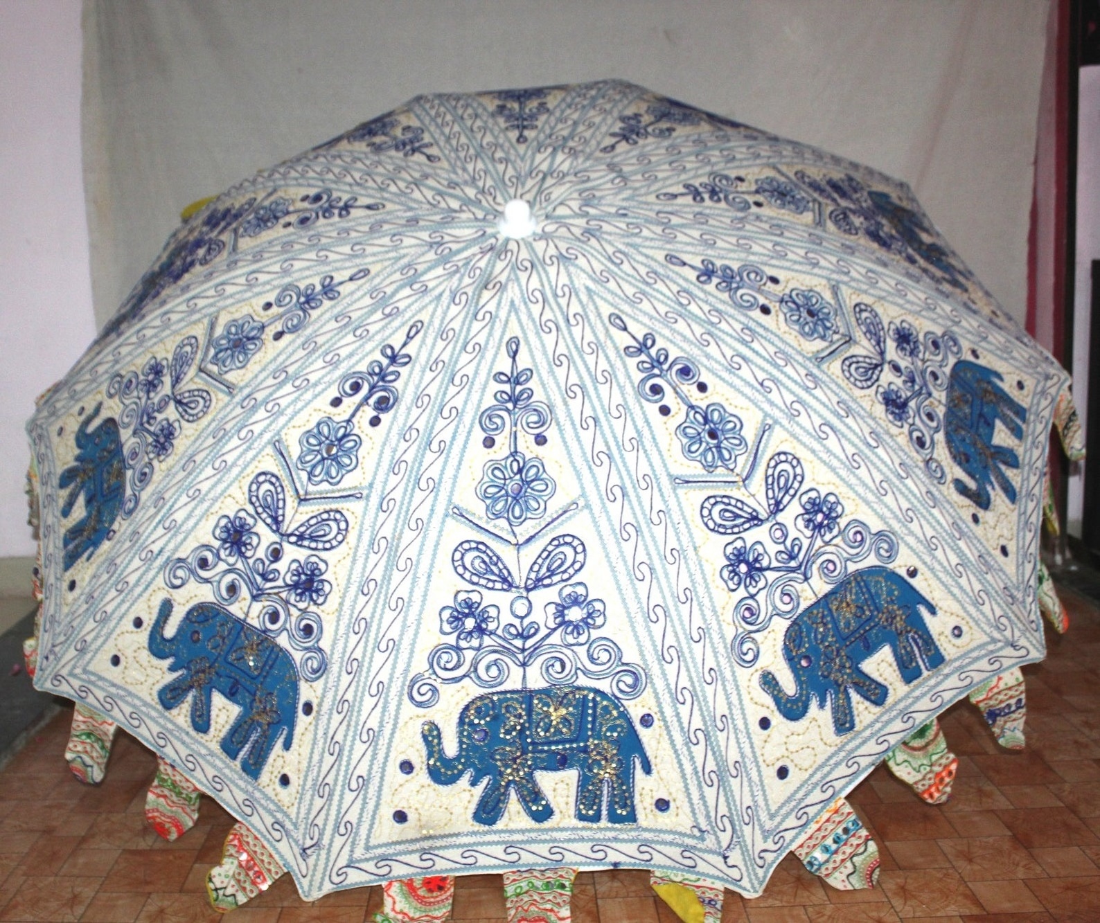 Embroidered Cotton Multipurpose Parasol Decor Outdoor Beach Garden Umbrella Indian Rajasthani Handmade Print