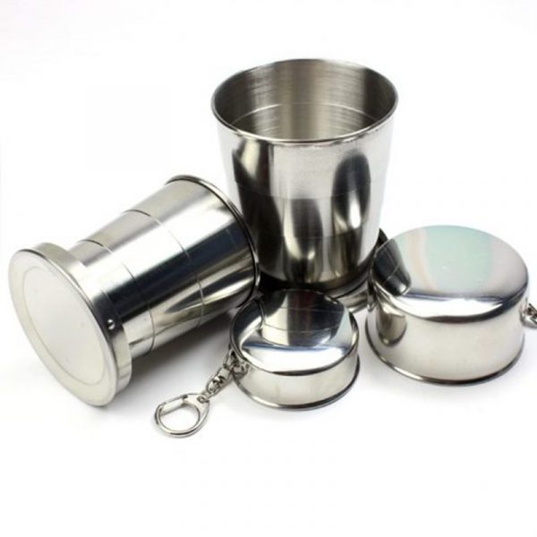 High Quality Folding Water Drinking Cup Outdoor Travel Stainless Steel Collapsible Cup with key ring