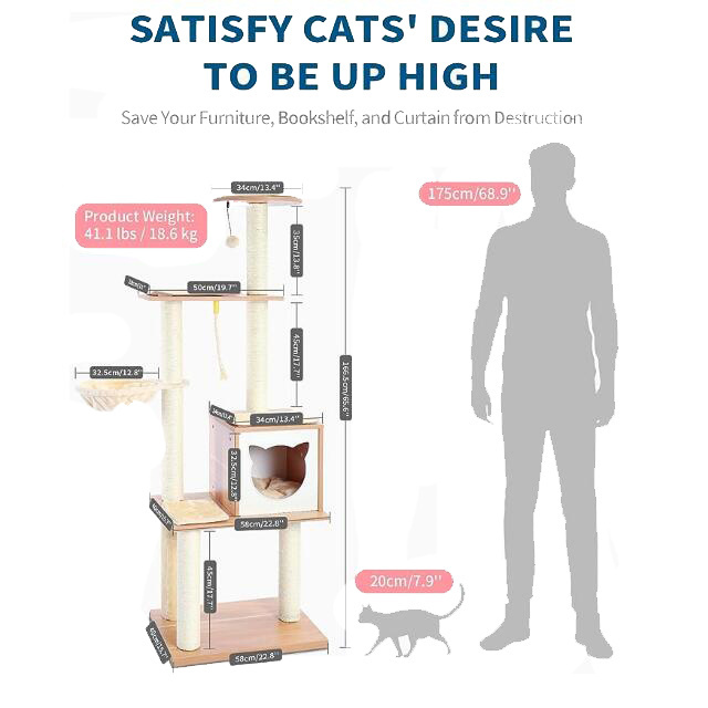 Cat Tree for Indoor Cats Modern Wood Kitten Condo with Hammock for Small Large Cats