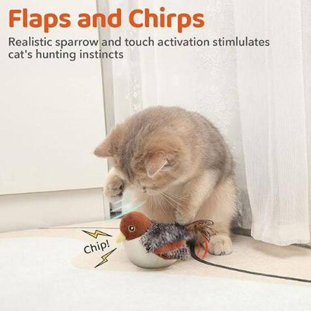 Cat Toys Rechargeable Flapping Bird Sparrow, Lifelike Chirp Tweet, Touch Activated Kitten Toy Interactive Cat Exercise Toys for