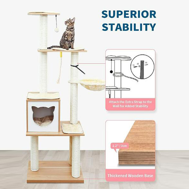 Cat Tree for Indoor Cats Modern Wood Kitten Condo with Hammock for Small Large Cats