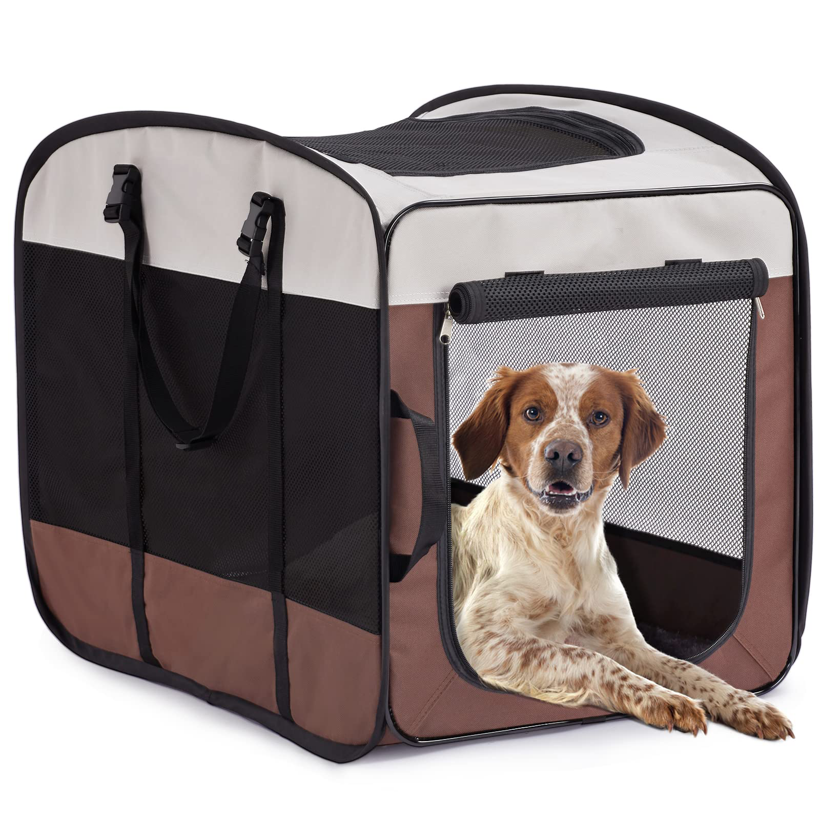 2024 QQgift OEM Custom Brown Collapsible Travel Soft Sided Portable Dog Kennels and Crates For Medium Dog With Sturdy Wire Frame