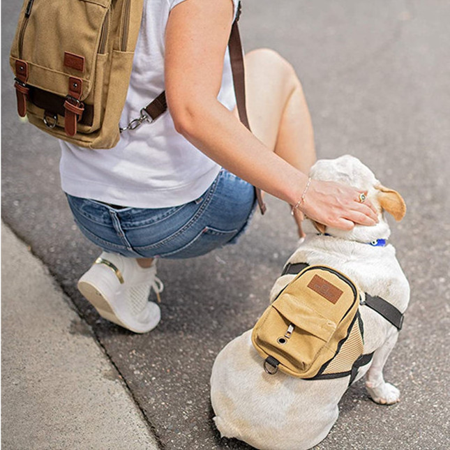 QQgift OEM custom Logo Dog Backpack and Human Backpack for Travel Camping Hiking Canvas and Leather Dog Saddle Harness Backpack