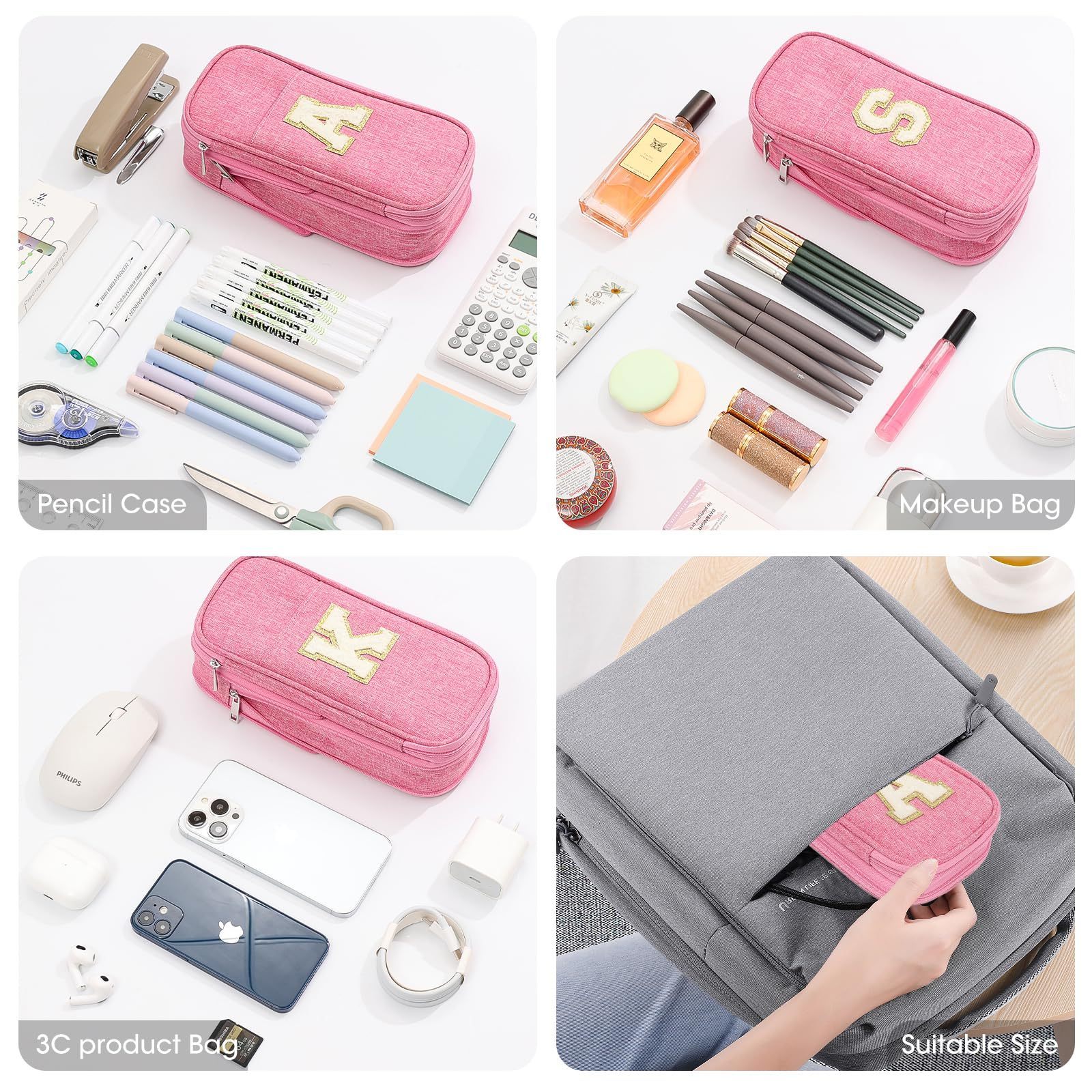 2024 QQgift OEM Custom Pink Cute Pencil Case Stationary Bags With Zipper Alphabet Patch For School Office Teen Girls Boys Adults