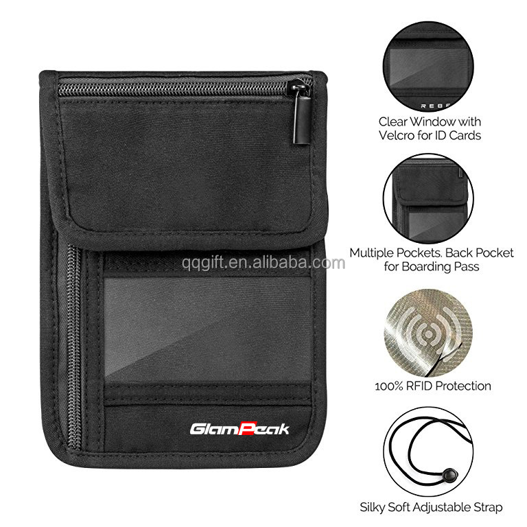 QQgift OEM Custom 100% Cotton Canvas RFID Blocking Neck Wallet for Travel Neck Stash Holder pouch for credit cards and passport