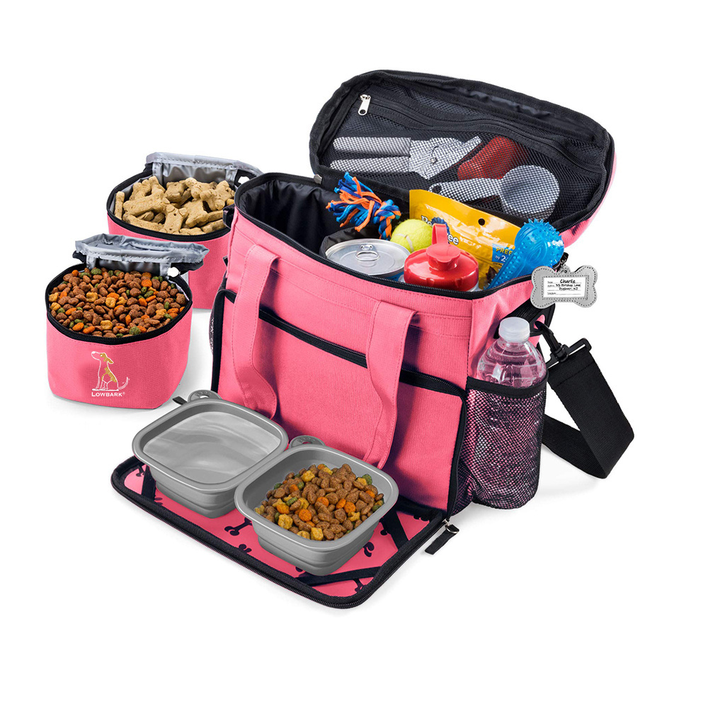 QQgift custom Week Away Dog Travel Bag for Small Dogs Includes Lined Food Carriers and 2 Collapsible Bowl dog travel food bag