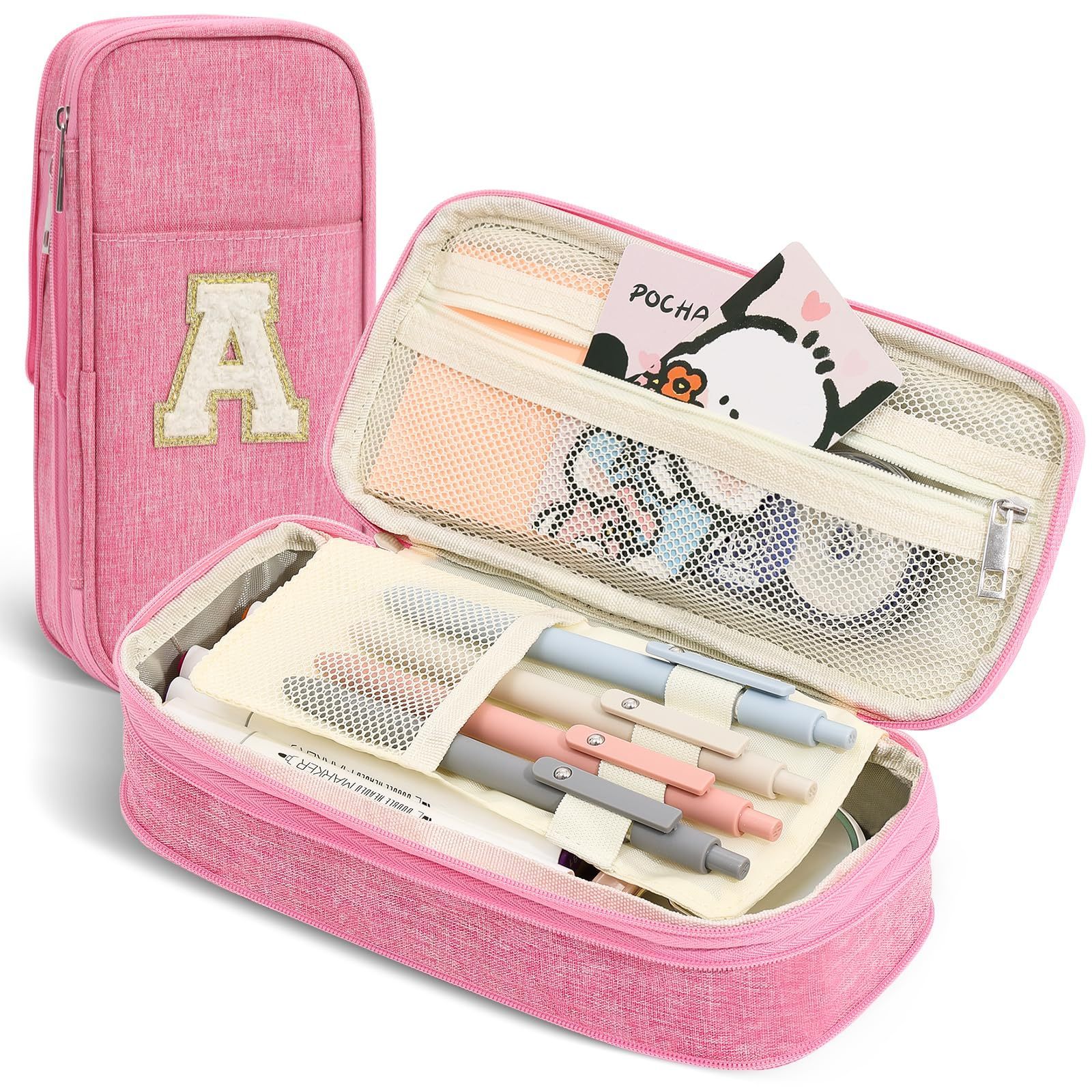 2024 QQgift OEM Custom Pink Cute Pencil Case Stationary Bags With Zipper Alphabet Patch For School Office Teen Girls Boys Adults