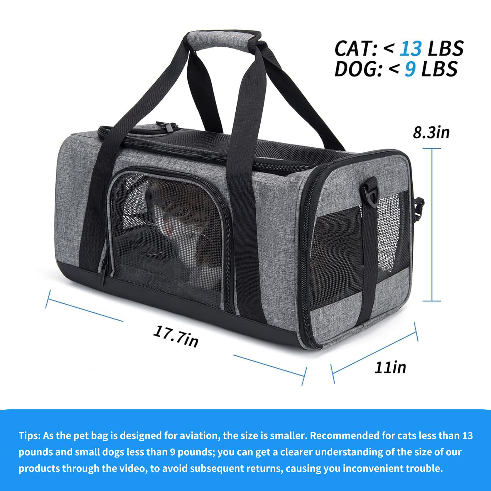 Best Seller QQgift OEM Custom Grey TSA Approved Pet Carrier For Small Cats Dogs With Adequate Ventilation Mesh Windows Entrance