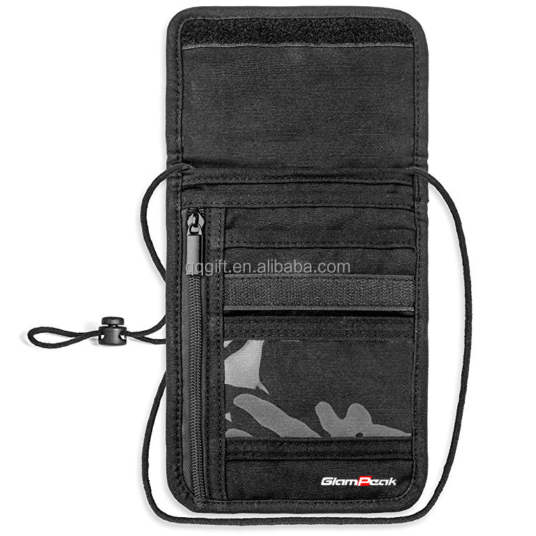 QQgift OEM Custom 100% Cotton Canvas RFID Blocking Neck Wallet for Travel Neck Stash Holder pouch for credit cards and passport