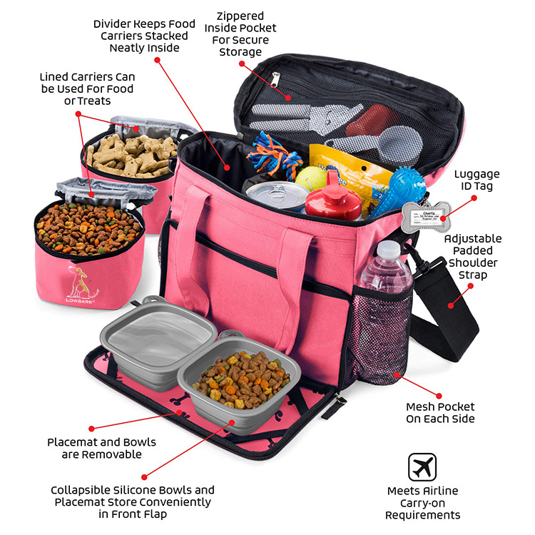 QQgift custom Week Away Dog Travel Bag for Small Dogs Includes Lined Food Carriers and 2 Collapsible Bowl dog travel food bag